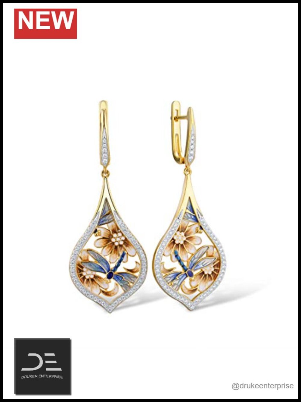 925 Sterling Silver CZ Enamel Dragonfly Drop Earrings